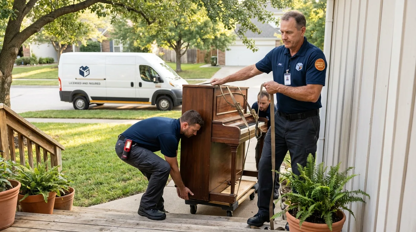 Licensed piano movers securing grand piano in Loup City, NE