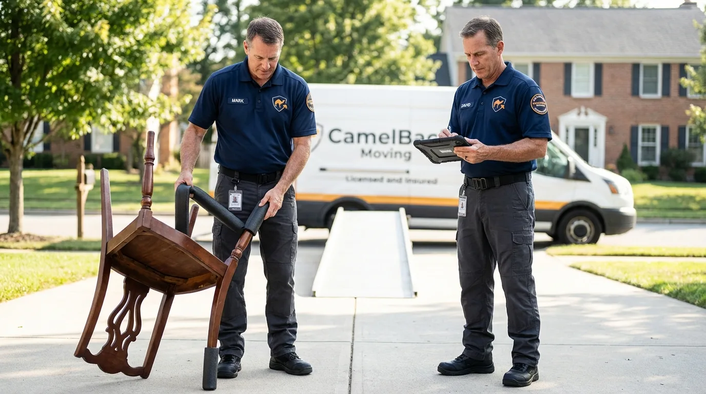 Movers inspecting furniture for damage prevention before loading in Loup City, NE