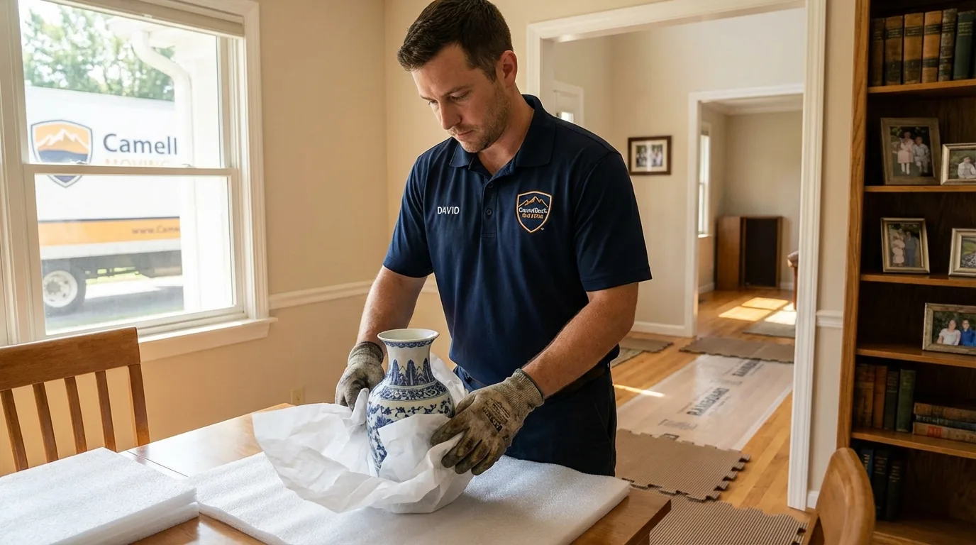 Professional crew carefully wrapping antique vase for senior downsizing move in Loup City, NE